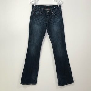Lucky Brand low rise, wide straight leg, blue jeans.